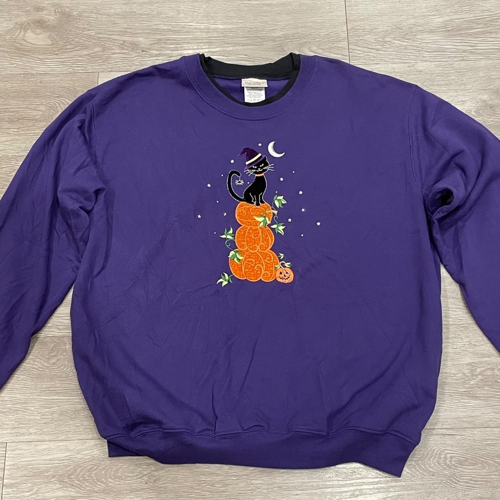 Womens Sweatshirt Halloween Embroidery Graphic Crescent Moon Stars Black Cat XL